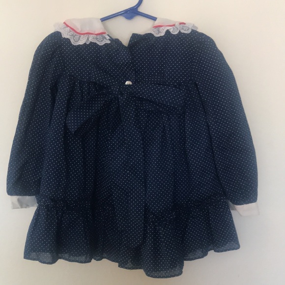Vintage 80s 90s Girl Toddler Blue Polka Dot Ruffled Dress White Lace Collar &Bow - Picture 3 of 12